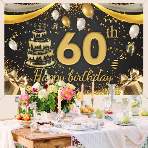 Vista 5 de Cartel decorativo de 60 cumpleaños para decoración de puerta, cartel de tela, cartel de bienvenida para fiesta de cumpleaños de 60 años, cartel