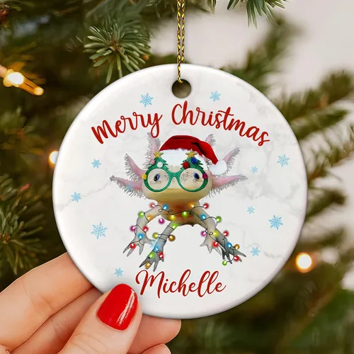 Vista 5 de Hyturtle Adorno de Navidad personalizado para los amantes de los ajolotes – Adorno de cerámica con nombre personalizado de Feliz Navidad – Lindo