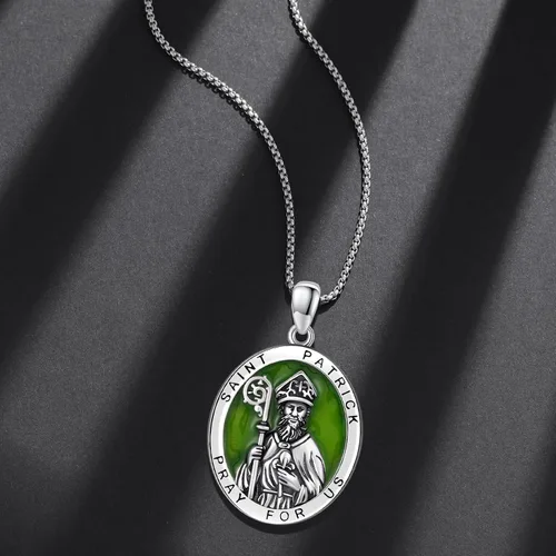 Vista 4 de Collar con colgante de plata de ley 925 con medalla de San Patrón, joyería religiosa para hombres y mujeres, con cadena de acero inoxidable 316L