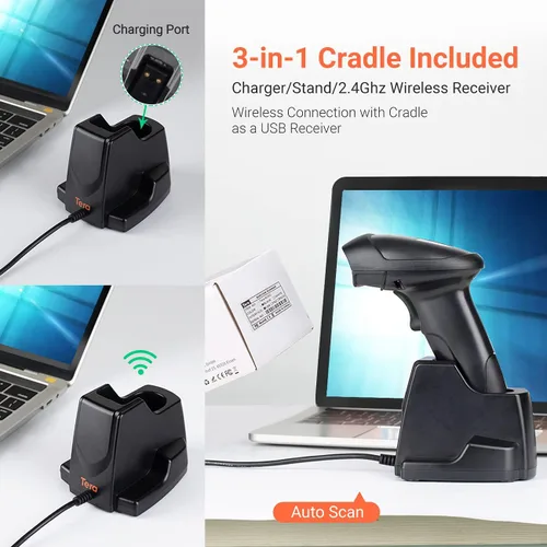 Vista 2 de Tera Escáner de código de barras inalámbrico 1D 2D QR con base de carga USB, lector de código de barras de mano, escáner de detección automática
