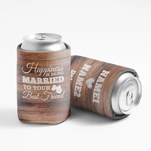 Vista 2 de VictoryStore Enfriadores de latas y bebidas: la felicidad es estar casado con tu mejor amigo Enfriadores de latas de boda