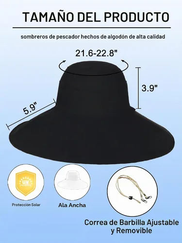 Vista 4 de Sombrero de pescador de algodón para mujer, reversible, de ala ultra ancha, plegable, protección UV, verano, viajes, UPF 50+ Negro