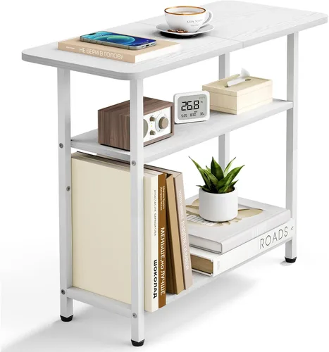 Vista 9 de SLEEPING LAMB Mesa auxiliar para sala de estar, mesa auxiliar de 3 niveles para espacio pequeño con amplia mesa de almacenamiento, mesita de noche