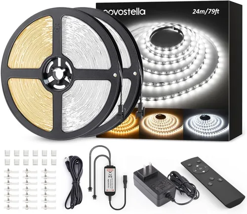 Vista 8 de NOVOSTELLA Tiras de Luces LED Blancas Sintonizables Impermeables de 20 pies, Luz de Cuerda Flexible Regulable 3000K-6500K 12V Luz de Cinta