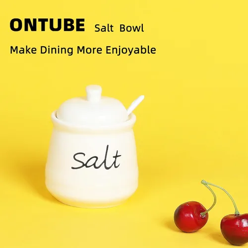 Vista 8 de ONTUBE Tazón de sal de cerámica con tapa y cuchara 12oz (beige) Ceramic, 12 oz, lid & spoon, air-tight, keeps salt dry, easy-to-clean