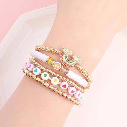 Vista 4 de Pink Bracelets Purple Bracelet Boho Multi-Layer Beaded Stacking, Versatile Strand Stretch Crystal Beads Wrap Slip-on Cuff Bangle Set, Cute