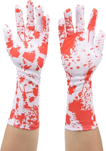 Vista 2 de Semme Guantes sangrientos de Halloween, 1 par de guantes horribles con efecto salpicado, accesorio de disfraz de cosplay para asesino