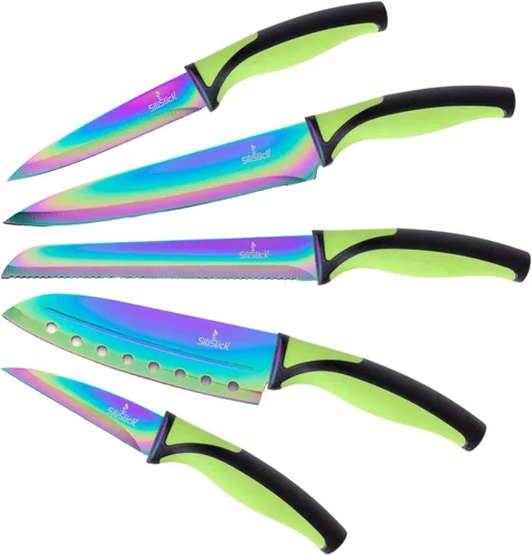 Vista 14 de SiliSlick Rainbow - Juego de cuchillos de cocina afilados de acero inoxidable con revestimiento de titanio, chef, pan, Santoku, pelar y utilidad