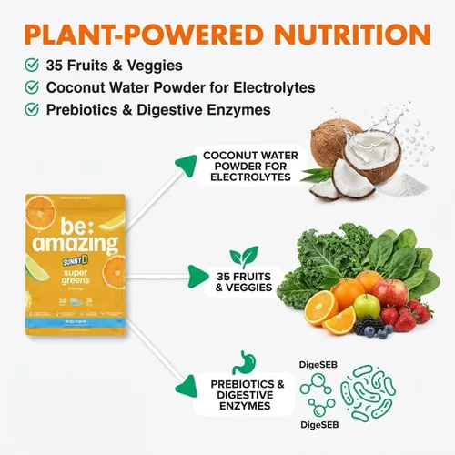 Vista 3 de BE AMAZING Super Greens Polvo con prebióticos, enzimas digestivas y antioxidantes, 35 frutas y verduras, electrolitos y fibra, vegano, mezcla