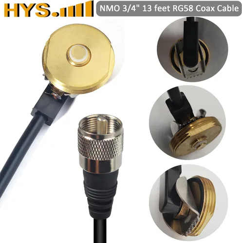 Vista 7 de Kit de antena HYS UHF NMO con cable coaxial RG58 de 13 pies y soporte de montaje de taladro Pretuned 150W NMO antenna kit with 13ft PL259 cable