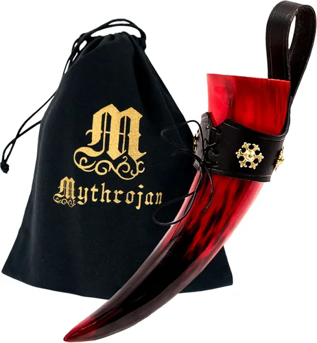 Vista 34 de Mythrojan Cuerno vikingo para beber 100% natural, auténtico, decoración de latón, cuerno nórdico con funda de cuero negro, bolsa de lona para vino