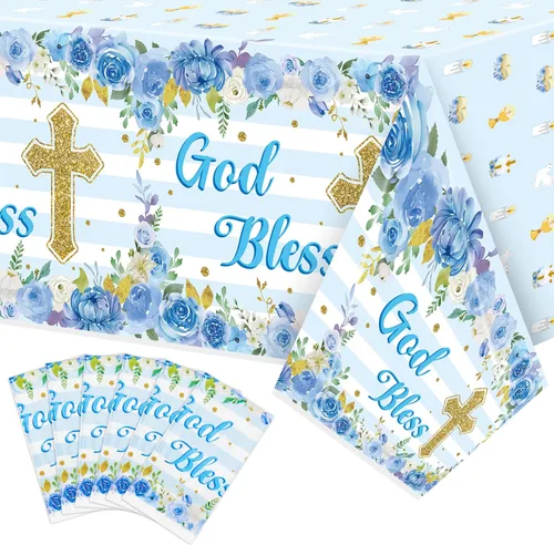 Vista 9 de Paquete de 3 manteles azules para fiesta de bautismo para bebé, decoración con temática de flores, desechables, de plástico, impermeables