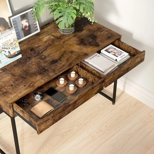 Vista 7 de Bestier Escritorio rectangular pequeño para oficina, estación de trabajo, tocador, maquillaje, estilo simple, minimalista, elegante, con 2 cajones