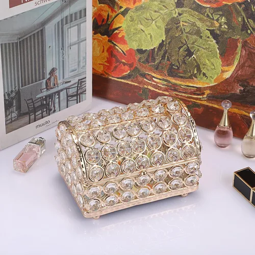 Vista 6 de Hipiwe Joyero de cristal grande dorado con tapa, organizador de joyas con espejo, caja de recuerdos, aretes, anillos, caja de joyería decorativa