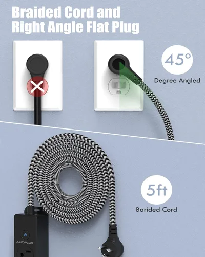 Vista 3 de AUOPLUS - Regleta protectora de sobretensiones con puertos USB C, cable de extensión trenzado de 5 pies, 5 salidas y 3 puertos USB (1 USB C)