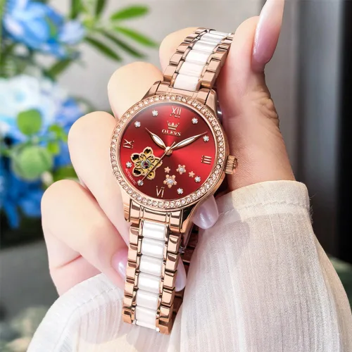 Vista 6 de OLEVS Relojes para mujer, reloj automático de lujo, correa de cerámica, oro rosa, reloj de pulsera para mujer