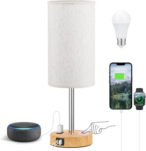 Vista 22 de Fenmzee Juego de lámparas de mesa pequeñas táctiles regulables de 2 a 3 vías, carga USB A + C, salida de CA, base de grano de madera, bombillas