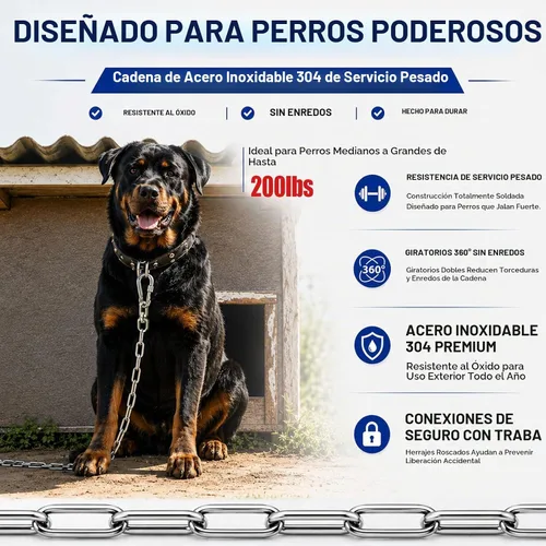 Vista 2 de Cadena de amarre para perro de 15 pies para exterior, correa de cadena de acero inoxidable resistente con resorte que absorbe los golpes para perros