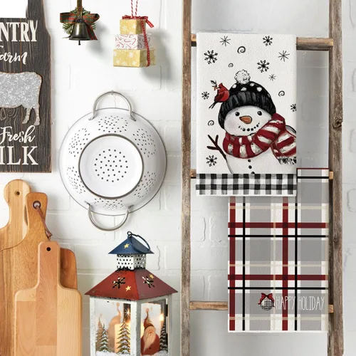 Vista 3 de Artoid Mode Toallas de Cocina y Paños de Cocina Navideños Negros y Rojos con Árbol de Navidad y Muñeco de Nieve, 18x26 Pulgadas, Toallas de Mano