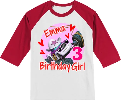 Vista 2 de Urban Smart Camiseta personalizada de cumpleaños de Starla para niñas, Blaze, personalizada con nombre y edad, Monster Truck, camiseta raglán unisex