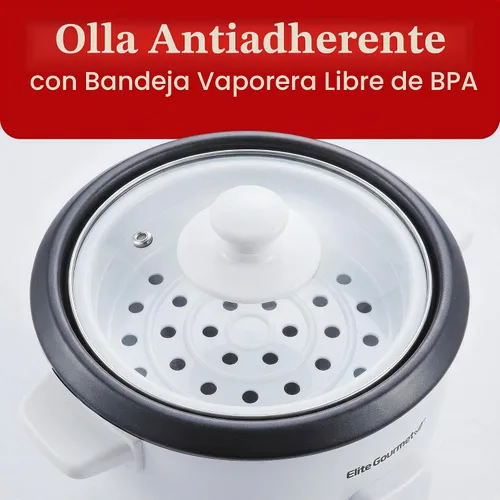 Vista 5 de Elite Gourmet Olla arrocera y vaporera, olla antiadherente, blanco, 6 tazas