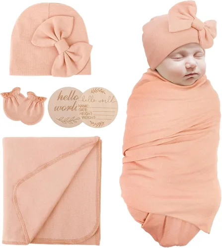 Vista 23 de AQOKKA Manta de Recepción para Recién Nacido con Gorro de Lazo Mitones Juego de Tarjetas de Madera para Recién Nacidos Niños Pequeños Bebé Niño Niña