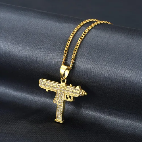 Vista 5 de Collar de aleación de zinc para hombre de moda para mujer con estrás y pistola de mano
