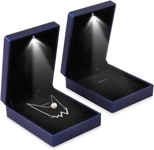 Vista 2 de iSuperb 2 cajas con colgante LED para collar iluminado exhibición de joyas para propuestas compromiso boda regalo azul profundo