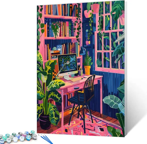 Vista 31 de Aihonmin Estantería 6 Pack Pintar por Números para Adultos Libros Pintura DIY sobre Lienzo con Pinceles Pigmento Manualidades DIY Pintura Acrílica