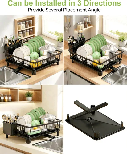 Vista 4 de Escurridor de platos para encimera de cocina, escurridor de acero inoxidable con soporte desmontable para cubiertos, sistema de drenaje automático