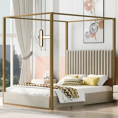 Vista 12 de Cama de Plataforma con Dosel de 4 Postes de Lujo Moderna Tamaño Queen con Cabecera Alta Tapizada en Terciopelo, Marco de Cama de Plataforma