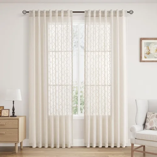 Vista 14 de Cortinas transparentes negras Hokibero de 96 pulgadas de largo, juego de 2 paneles con pestaña trasera, filtro de luz, cortinas