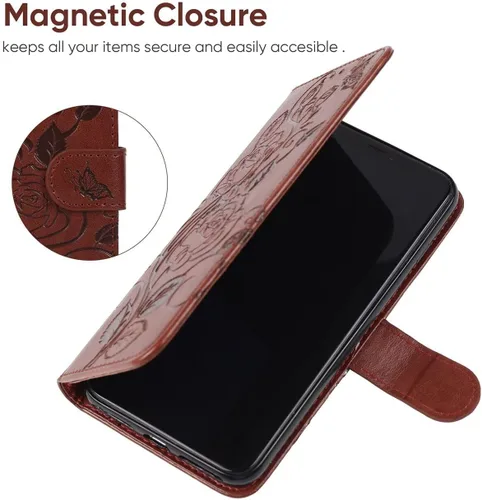 Vista 6 de Funda tipo cartera para iPhone XR con protector de pantalla de vidrio templado, funda de cuero con diseño de flores para tarjeta de crédito