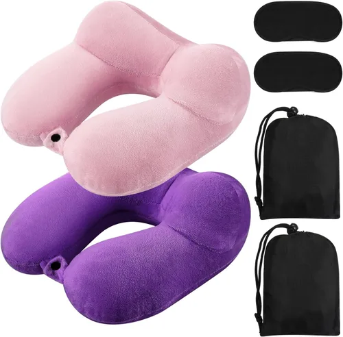 Vista 14 de Sintuff Paquete de 2 Almohadas de Viaje Inflables para Aviones Almohadas de Vuelo Inflables para el Cuello con Bolsa Compacta y Antifaz para Viajar