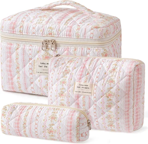 Vista 40 de HBselect Bolsa de Maquillaje Acolchada, 3 Piezas de Gran Bolsa de Maquillaje de Viaje de Algodón, Linda Bolsa de Maquillaje Floral Coquette, Bolsa