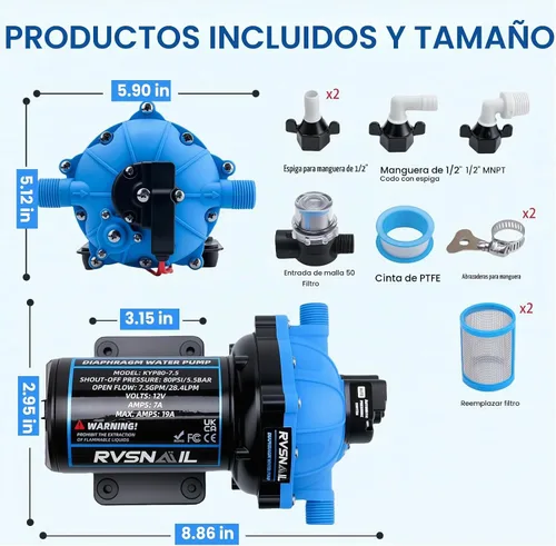 Vista 4 de Bomba de agua RV de 12 V, bomba de diafragma de 5 cámaras de 7.5 GPM 80PSI, autocebante con interruptor de presión resistente y colador para RV