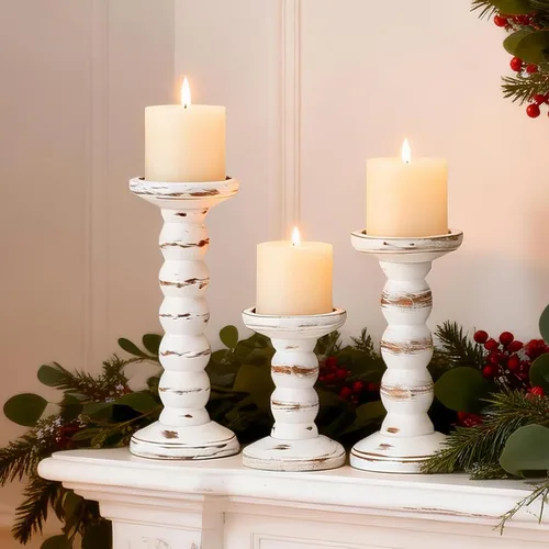 Vista 5 de Portavelas de madera, 3 piezas Portavelas rústicos blancos para velas de pilar, Portavelas decorativos de madera maciza Portavelas de madera