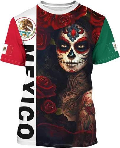 Vista 6 de Camiseta de manga corta con cuello redondo y bandera mexicana, camiseta 3D unisex