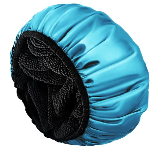 Vista 18 de Aquior Gorro de ducha con forro de rizo para mujer, reutilizable, triple capa impermeable, extra grande para mujeres de pelo largo (negro)