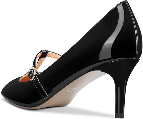 Vista 3 de Aachcol Zapatos de tacón de aguja medio bajo para mujer, con correa en T, sin cordones, puntera puntiaguda, zapatos de vestir para oficina, fiesta