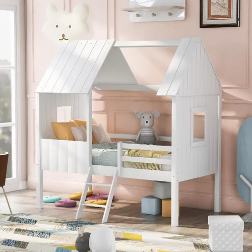 Vista 12 de Quarte Fun House - Cama con techo y dos ventanas laterales, cama baja de madera tamaño individual con escaleras pequeñas y barandilla, para niños