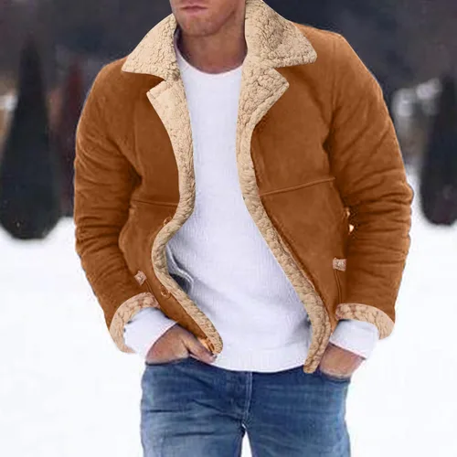 Vista 2 de Abrigo de piel de oveja para hombre, chaquetas de piel de oveja con forro de piel de oveja, chaqueta de bombardero de invierno cálida S-5XL