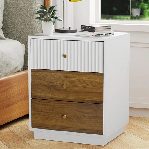 Vista 10 de Mesita de noche de 23.6 pulgadas de alto con 3 cajones de almacenamiento, mesita de noche acanalada con asas de metal, mesa auxiliar moderna