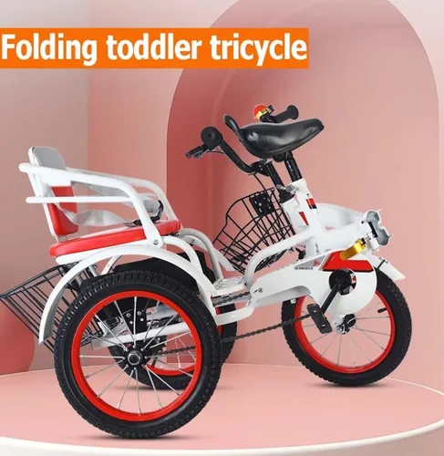 Vista 2 de Triciciclos plegables para niños con mango parental, triciclos tándem de 3 a 10 años con asiento trasero del pasajero, silla de montar ajustable