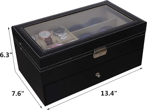 Vista 2 de Caja de reloj de cuero y gafas de sol organizador y caja de exhibición de joyas cajón con cerradura organizador negro