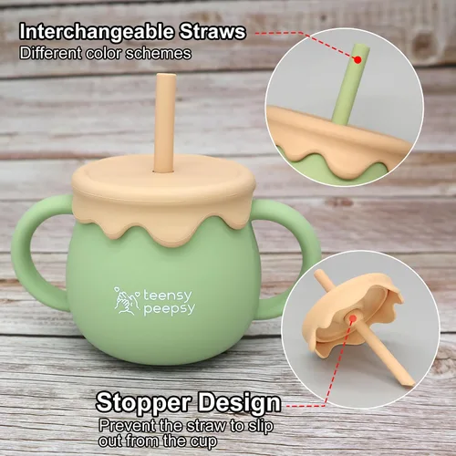 Vista 3 de Tarro de Miel Recipiente 3 en 1 Taza de Entrenamiento de Silicona de 8.5 onzas, Vaso Entrenador para Bebé con Popote y Taza de Snacks para 6 meses+
