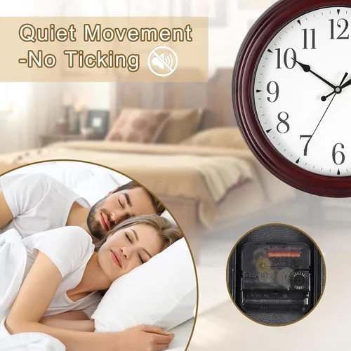 Vista 3 de Reloj de pared de madera redondo de 14 pulgadas, funciona con pilas, sin tictac, analógico, rústico, para cocina, sala de estar, dormitorio, día