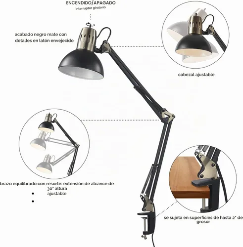 Vista 6 de Globe Electric 62000009 Lámpara de escritorio de 32" con múltiples articulaciones con abrazadera metálica, negro mate, acentos de latón antiguo