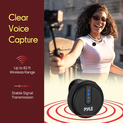 Vista 3 de Pyle Sistema de micrófono inalámbrico Lavalier, micrófono con clip con cancelación de ruido, batería 7H, audio de 360°, funda de carga USB-C