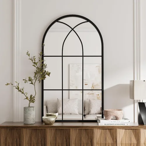 Vista 21 de Rowjut Espejo de pared en forma de arco de 30 x 20 pulgadas, espejo decorativo de pared y baño con marco de hierro, espejos de pared superior